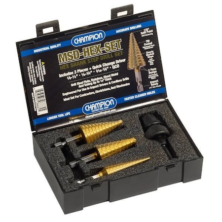 Champion Cutting Tool 4 Piece TiN Coat MSD-HEX Step Drill Set, Includes: MSD-HEX-1, MSD-HEX-3 CHA MSD-HEX-SET